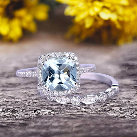2.55 Carat 7mm Cushion Cut Vintage Looking Aquamarine Bridal Ring With Wedding Band On 10K White Gold