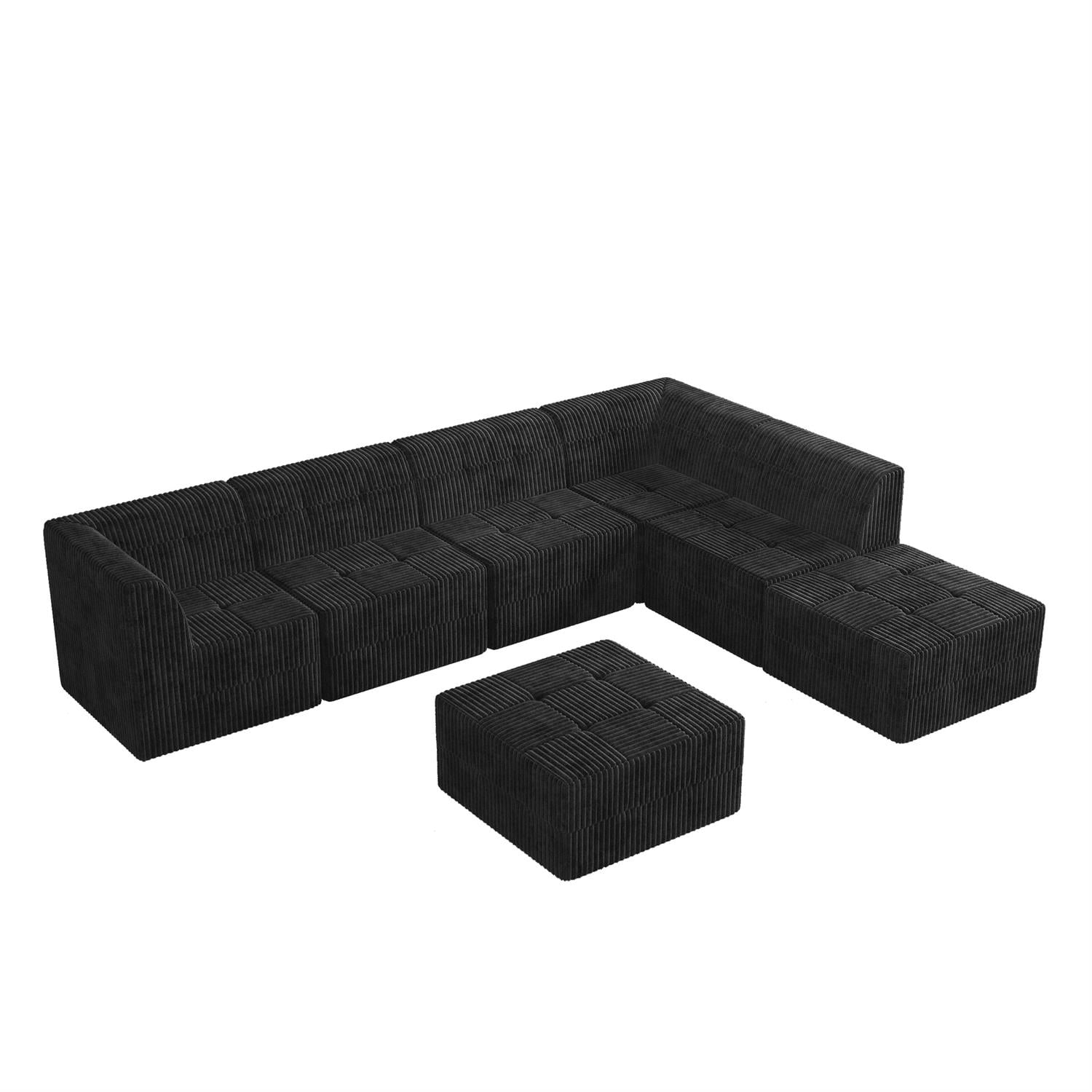 Demi Bonn 130" L-Shaped Modular Sectional Sofa, Modern Minimalist Style DIY Compressed Corduroy Couch for Living Room & Bedroom, Black