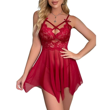 

Glonme Women Lingerie Floral Nightwear Lace Chemise Club Backless Babydoll Teddy Deep V Neck Sleepwear Red M