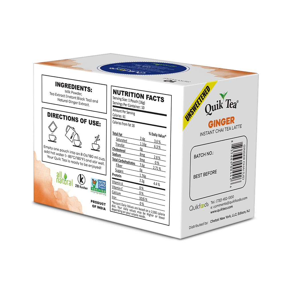 QuikTea Ginger Unsweetened Chai Tea Latte – 40 Count, Bold Ginger Flavor, Naturally Caffeine-Light, no preservatives, No Sugar Added – Just Add Hot Water