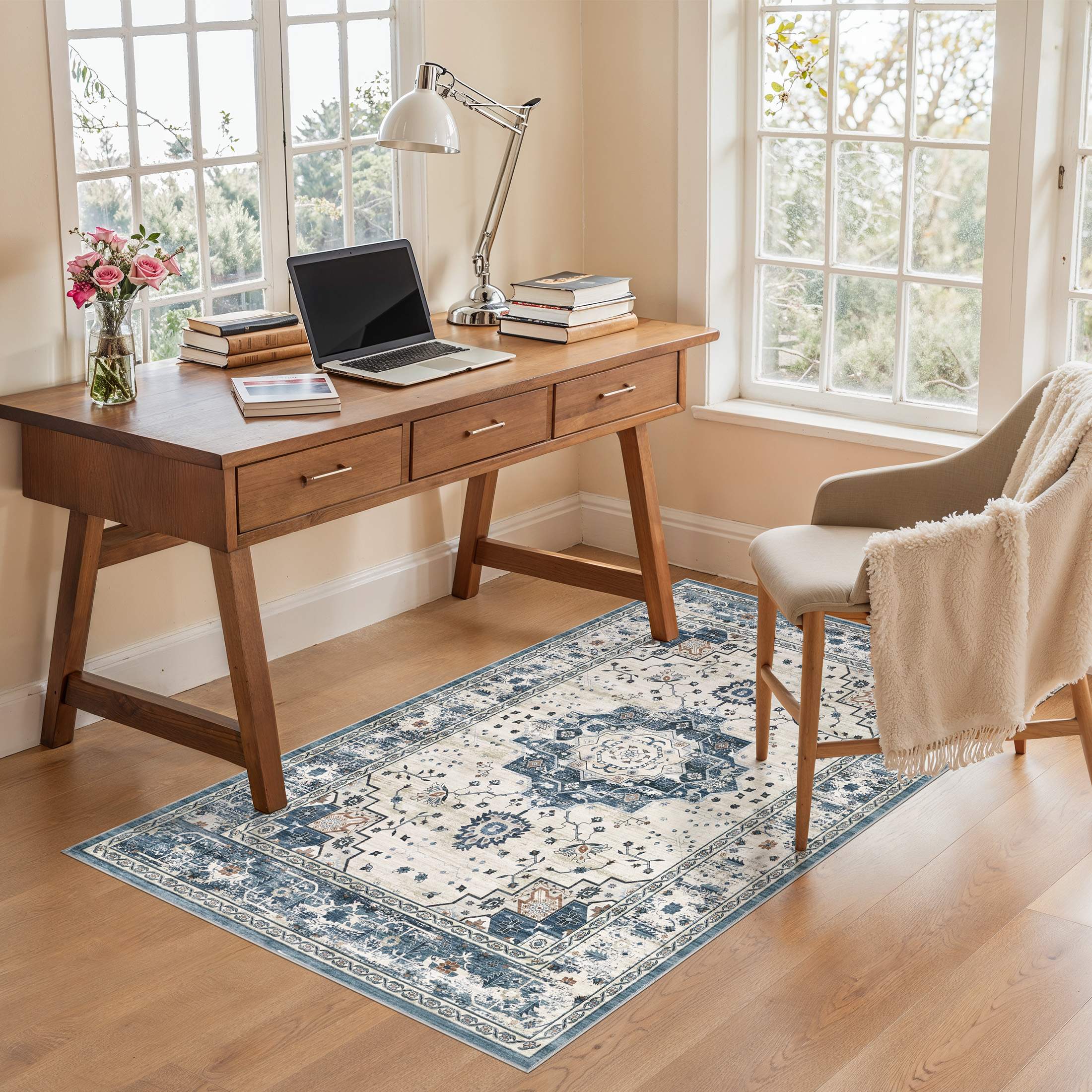 Uermei 3'x5' Washable Area Rug: Soft Non-Slip Indoor Floor Rug for Bedroom, Office, Dining Room, Entryway, Stain-Resistant Door Mat Throw Carpet for Laundry Foyer - Blue