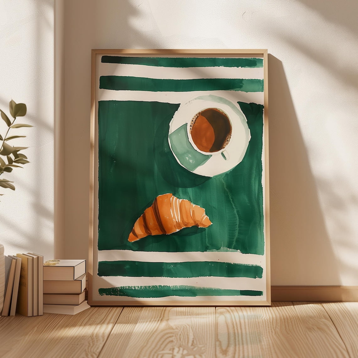 Coffee Croissant Green Cafe Decor Wall Art
