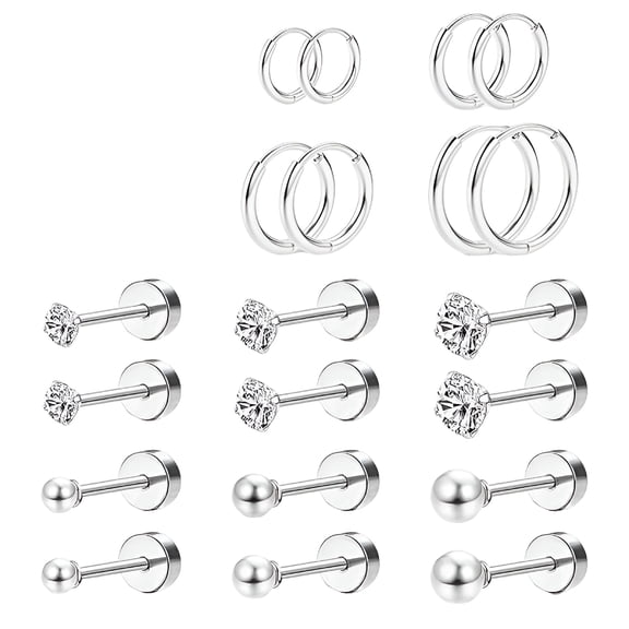 DESIGNICE 10 Pairs Stud Earrings Stainless Steel Earring 14K Plated Small Hoop Earrings Ball Flat Back Earrings for Women,Silver