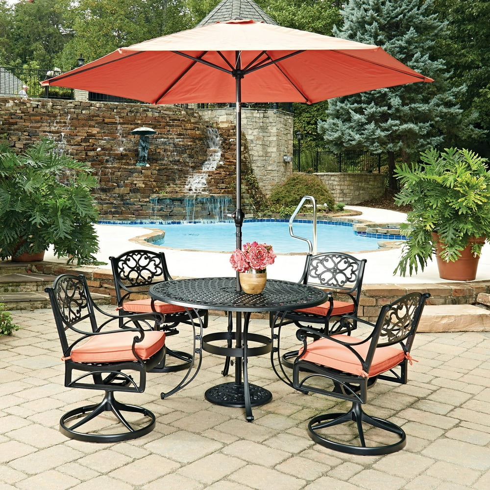 Biscayne Black Round 7 Pc Outdoor Dining Table, 4 Arm Chairs with