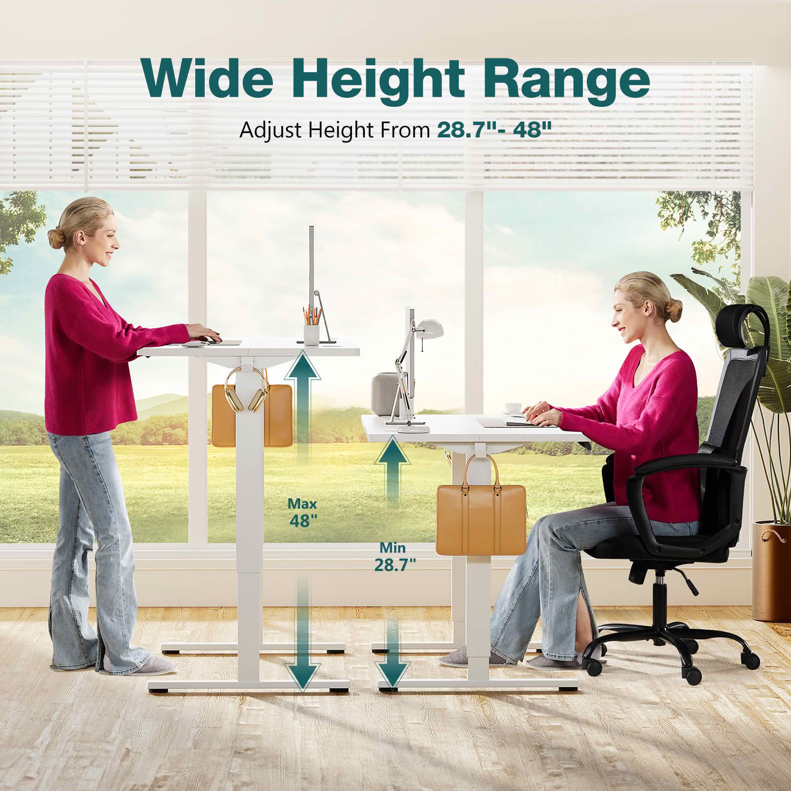 MAYEERTY 55x24 Ergonomic Height Adjustable Desk, T-Shaped Metal Bracket, Computer Workstation, White