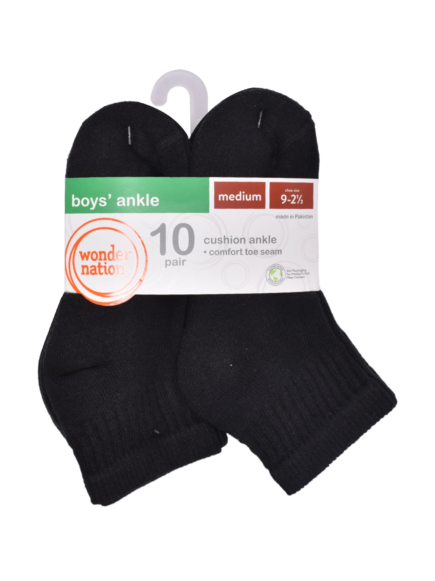 Wonder Nation Boys Cushioned Ankle Socks, 10 Pack, Sizes S (4-8.5) - L (3-9)