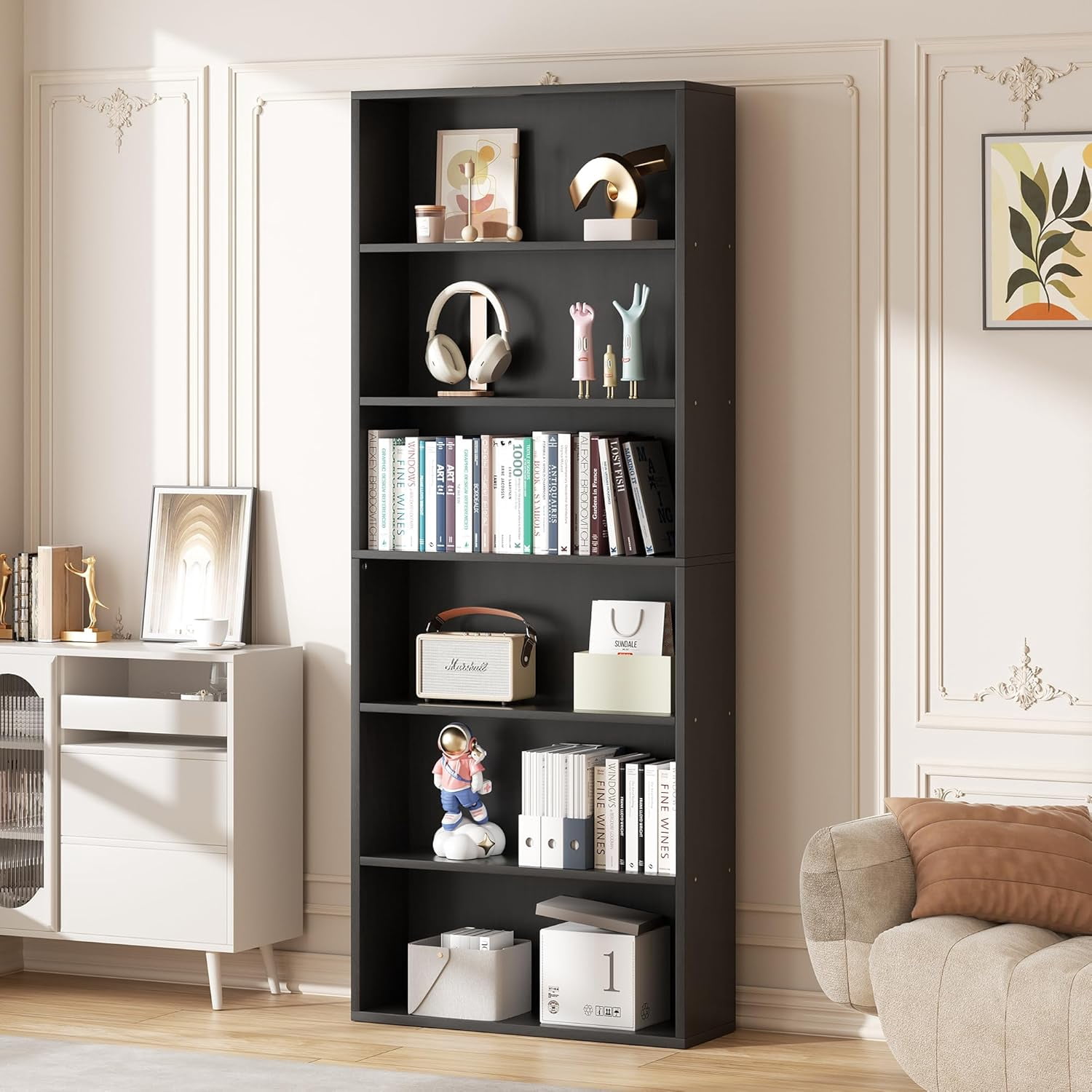 CRXX 6-Tier Open Bookcase and Bookshelf, Floor Standing Wood Display Storage Shelves 71 Inch Tall Bookcase Home Decor Furniture for Home Office, Living Room, Bed Room, Black