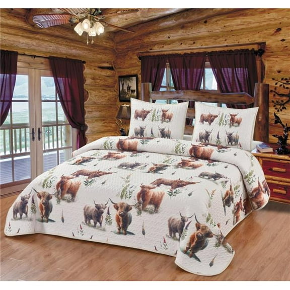 De Leon Collections 63847 Blooms and Horns Happy Highland Cow Rustic Ranch Farmhouse Decorative Quilt Bedding Set Queen Quilt   2 Pillow Shams