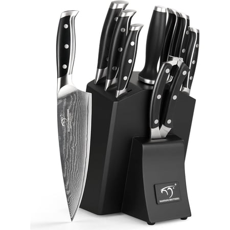 Damascus Kitchen Knife Set with Block, 9-Piece 67-Layer VG10 Damascus Steel Knife Set with Triple-Rivet Handles, Chef, Santoku, Utility, Bread & Paring Knives, Sharpener, Shears, Black