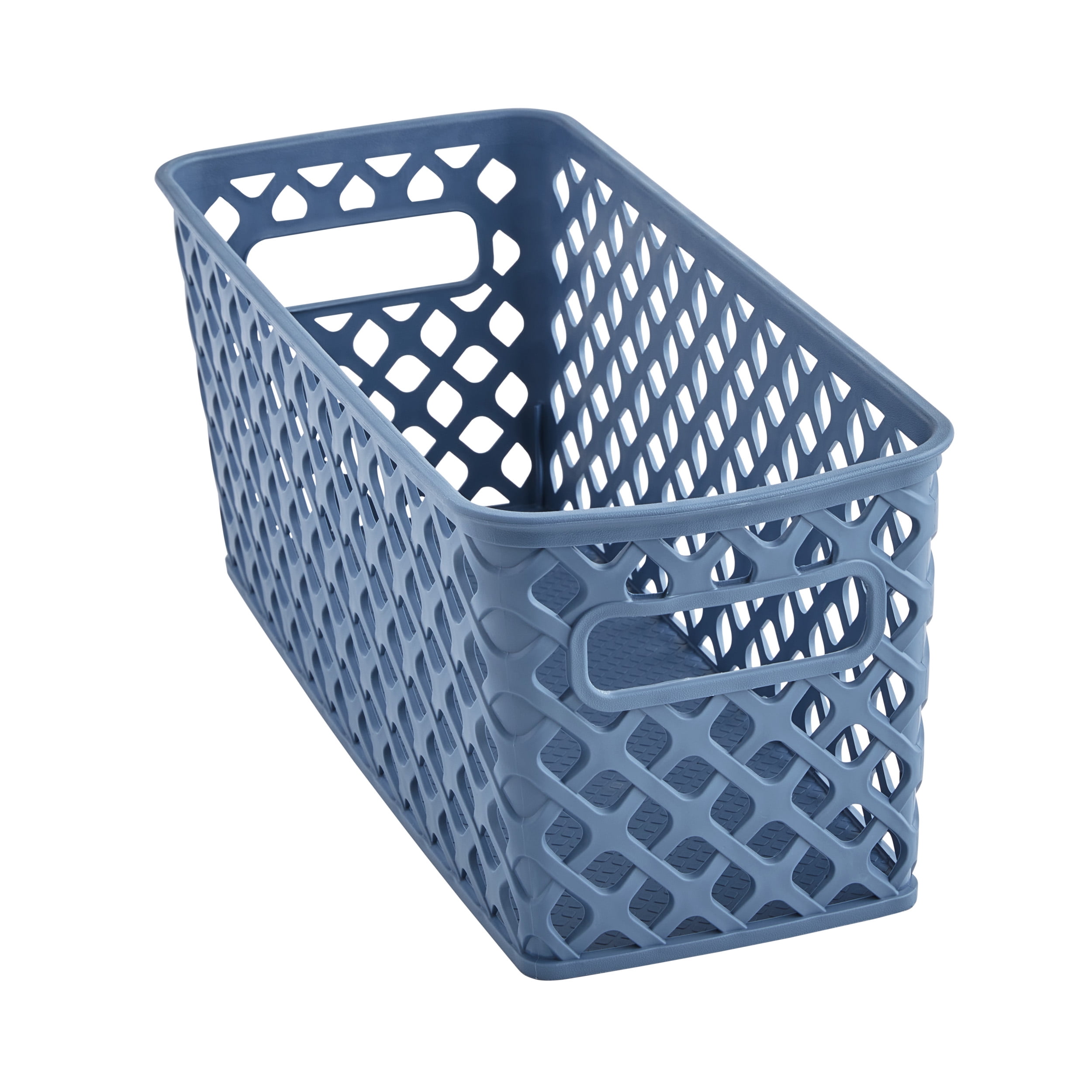 (4 pack) Mainstays Narrow Blue Decorative Plastic Storage Basket, 13.6 in x 5.5 in x 5.1 in