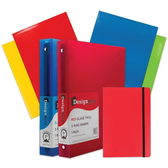 JAM School Assortment, Red, 7/Pack, 4 Glossy Folders, 2 1 Inch Binders & 1 Red Journal