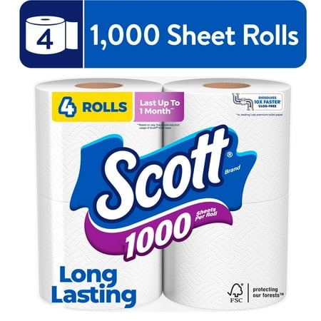 Scott 1000 Toilet Paper, 4 Rolls, 1,000 Sheets Per Roll