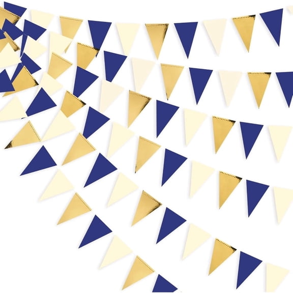 30Ft 3Pcs Navy Blue Gold Beige Metallic Glitter Paper Triangle Banner Flag Garland Pennant Bunting for Graduation Birthday Wedding Bridal Shower Nautical Ahoy Achor Theme Party Decorations Supplies