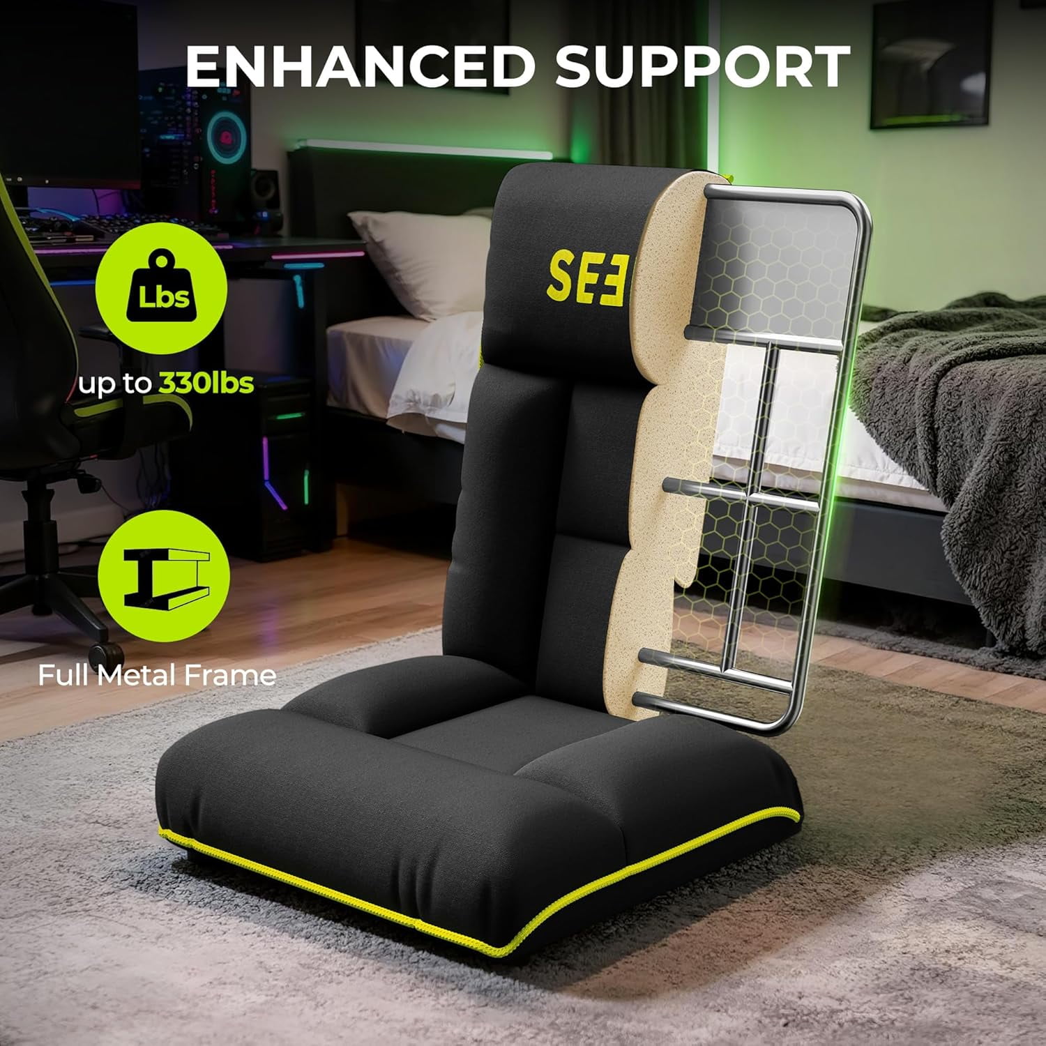 Seenda Video Gaming Floor Chair, Folding Video Reclining Sofa Adjustable Position, Padded Backrest & Cushion, Lazy Lounger Couch for E-Sports, Reading, Relaxing, Watching TV