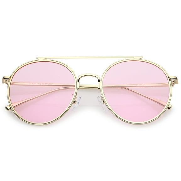 sunglassLA Unisex Modern Metal Crossbar Slim Temple Colored Flat Lens Round Aviator Sunglasses 54mm (Gold / Pink) - 54mm