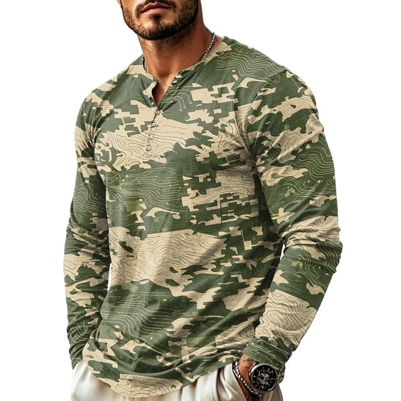 IAJDKMEK Men's Camo Henley Long Sleeve Shirt - Buttonless Collar Tee for Everyday, Casual Camouflage Shirt for Outdoors, Stylish Long Sleeve Shirts for Men