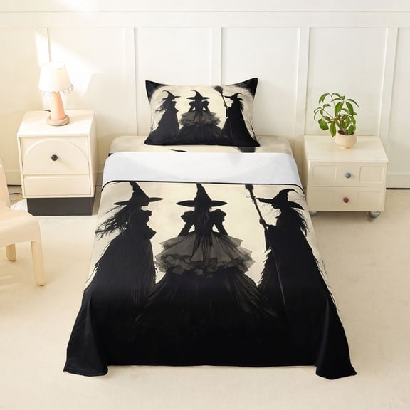 Homewish Western Witch Twin Sheets for Kids, Vintage Spooky Halloween Moon Bedding, 3-Piece, 1 Flat Sheet, 1 Fitted Sheet and 1 Pillowcase