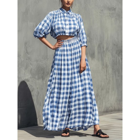 Women's Gingham Crop Top and Maxi Skirt Set, Puff Sleeve Smocked Two Piece Outfit