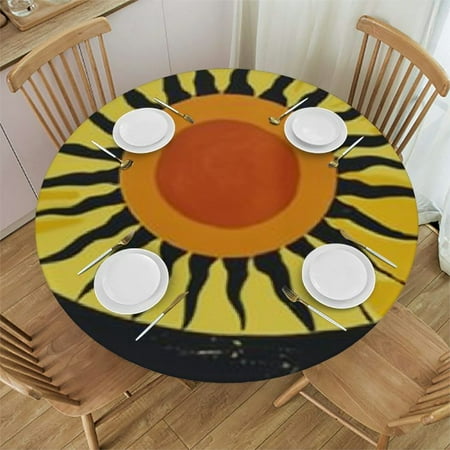 Ullo0ord Ancient Abstract Sun Round Fitted Tablecloth with Elastic Edge Waterproof Wipeable Oil-Proof Stain-Resistant Table Cover Fits for Home Decor Indoor Outdoor Kitchen Party Tablecloth 46 -50