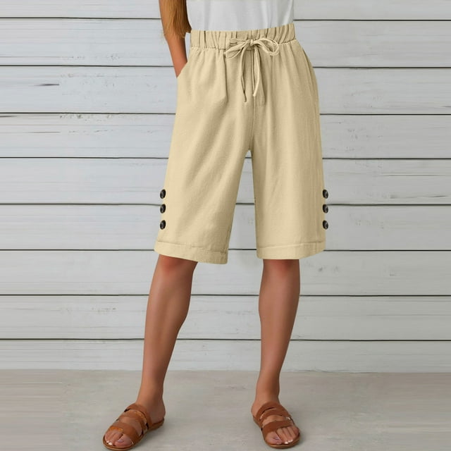 LVHAOGJOB Womens Shorts Elastic Waist Summer with Pockets Solid Color Plus Size Linen Loose Shorts Pants for Ladies Drawstring