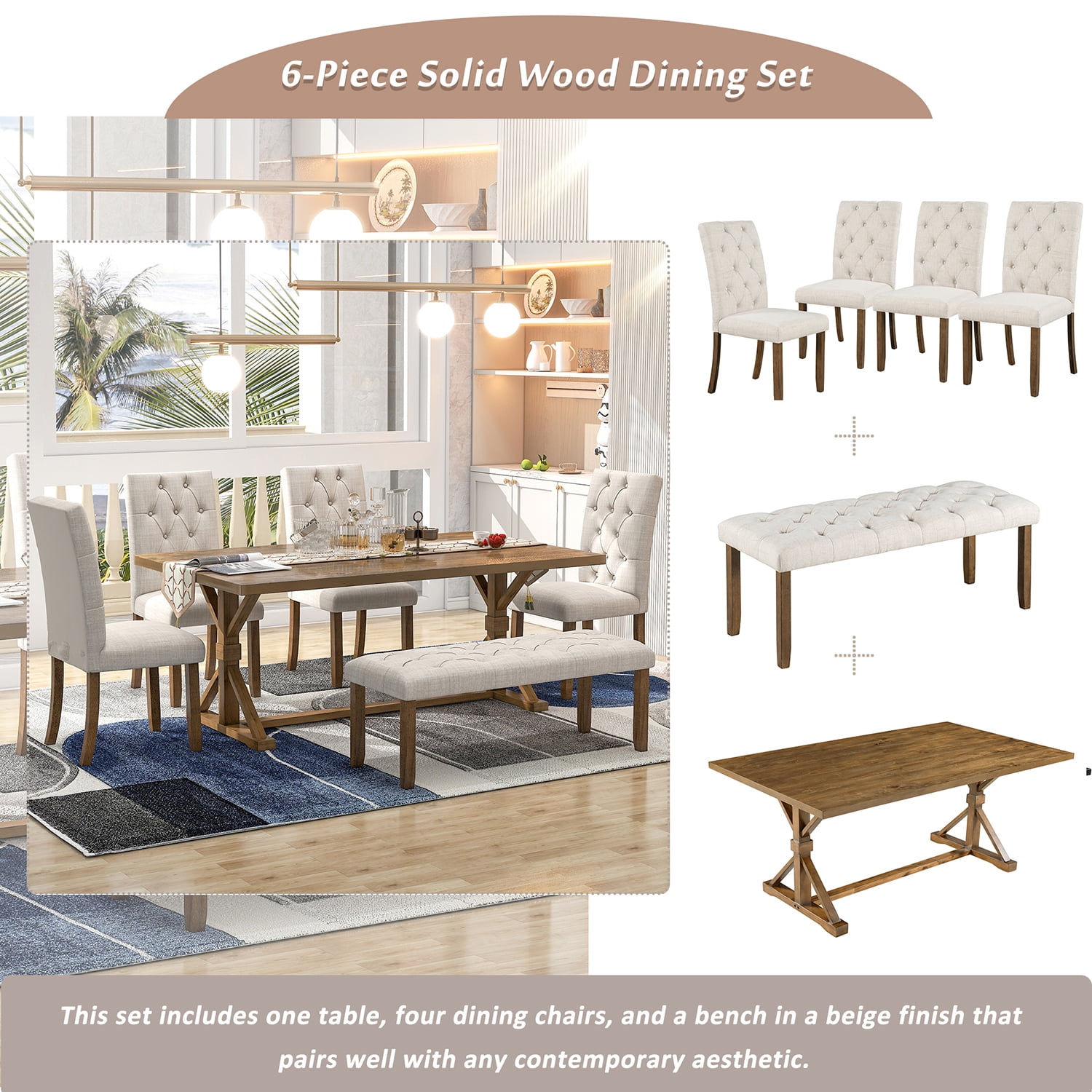 Kadyn 6-Piece Farmhouse Dining Table Set, 72" Wood Rectangular Table for Home Dining Room, 4 Upholstered Dining Chairs with Bench, Walnut