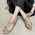 thumbnail image 4 of Wedge Sandals for Women Rhinestone Summer Elastic Strap Open Toe Solid Color Holidays Beach Comfortable Sandals Gold, 4 of 9