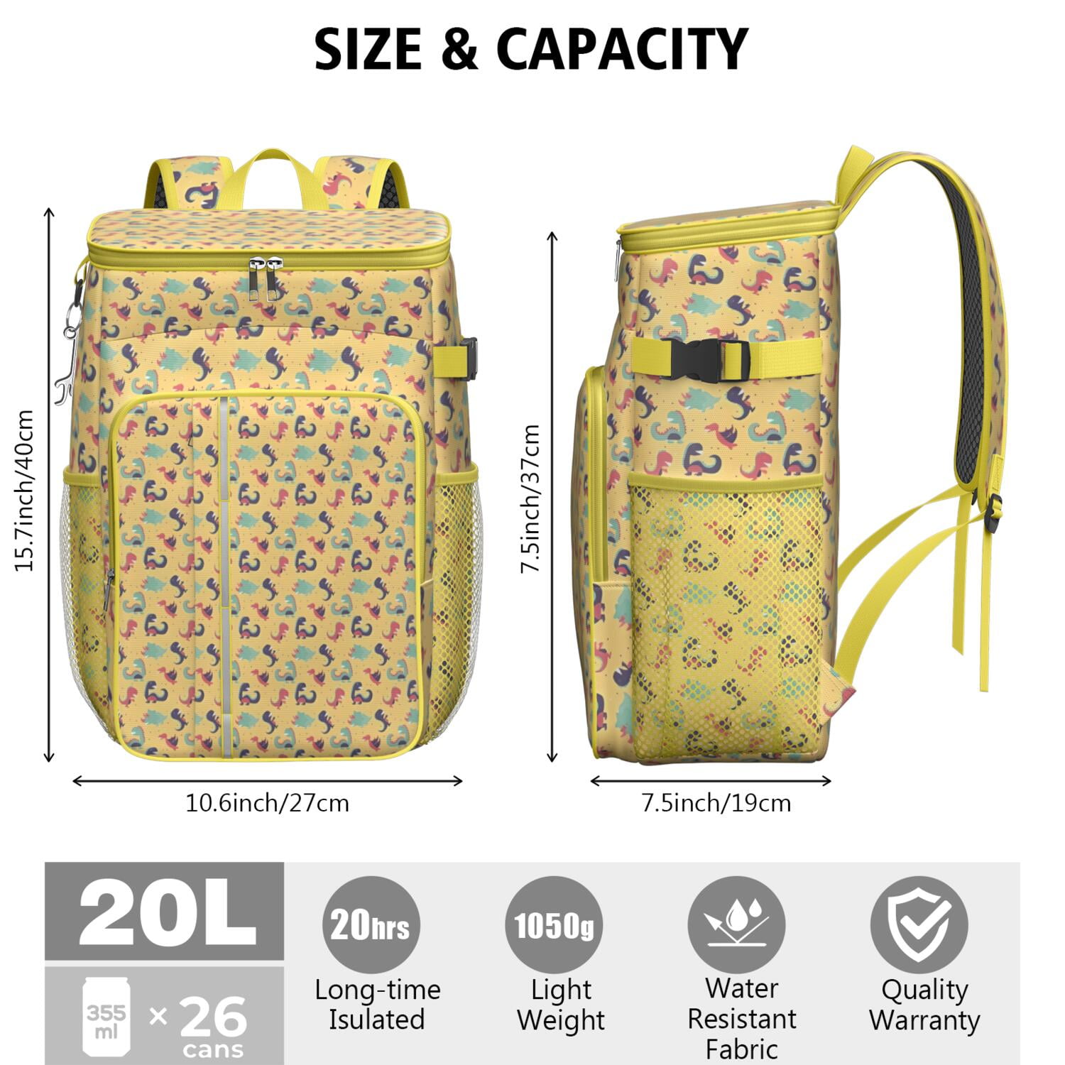 Travel Cooler Bag - Yellow Cartoon Dinosaurs Pattern Camping Beer Cooler Backpack with Bottle Opener- Waterproof Insulated Picnic Backpacks - Cooler Bag for Beach