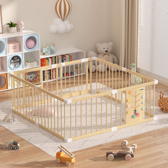 Guqiart Large Wooden Baby Playpen Babies and Toddlers, Adjustable Kids Play Yard with Locking Gate & Interactive Toys for Indoor Use, 63"×63"×24"