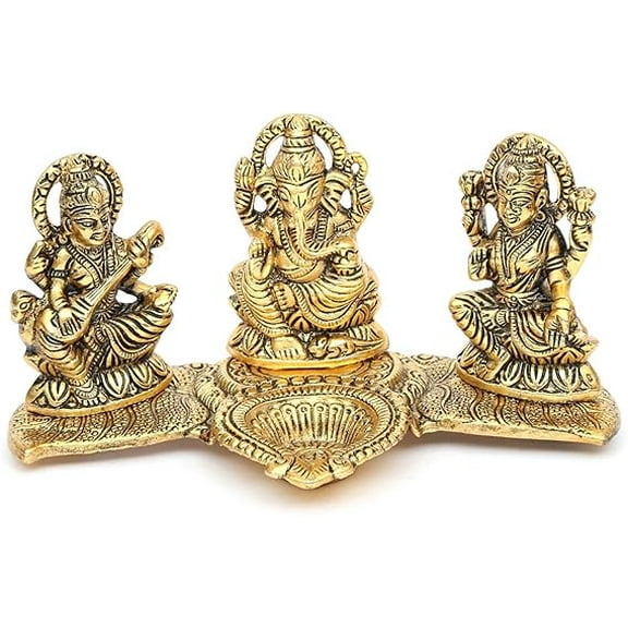 Swadeshi Desire Laxmi Ganesha Saraswati with Diya On Leaf Statue Idol Murti for Home and Office in Metal Decorative Showpiece - 20 cm (Metal, Gold)