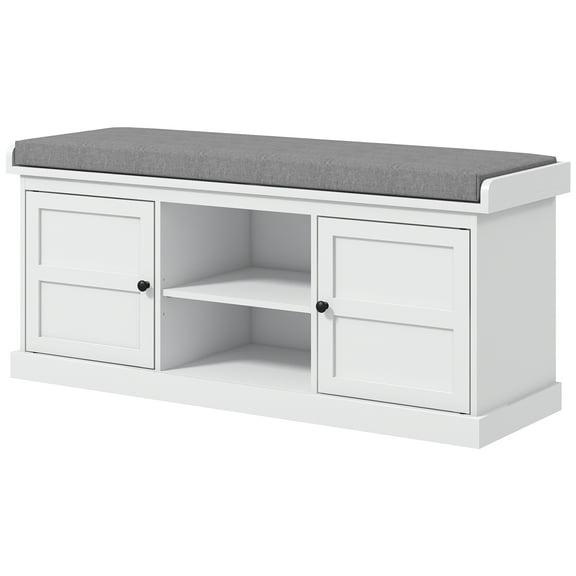 Homiyad Shoe Storage Bench with Cushioned Seat, Entryway Bench Seat with 2 Cabinets and Adjustable Shelf for Hallway, White