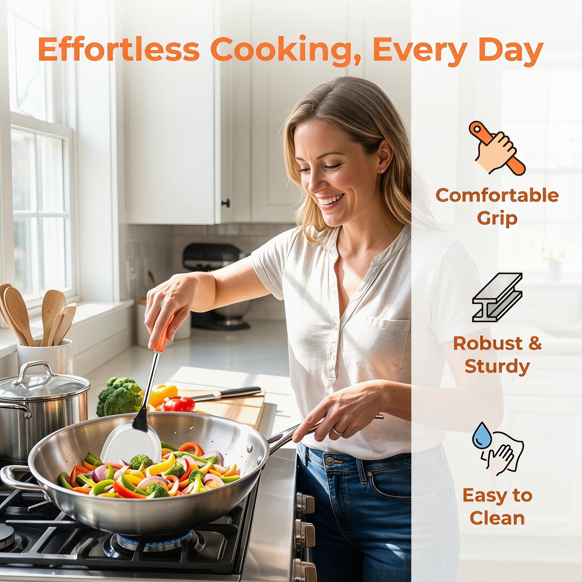 Unique Bargains Color-blocked Kitchen Utensil Set for Home Cooking Orange-Silver 3pcs