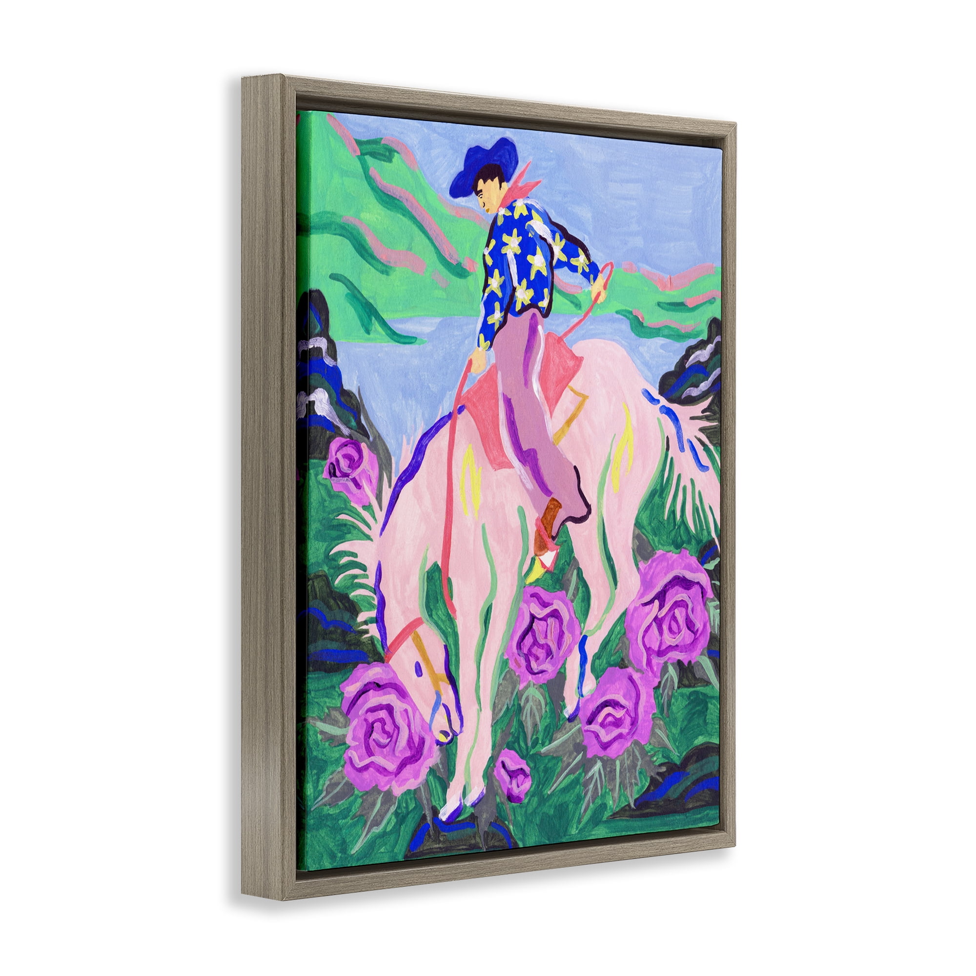 Stupell Industries Bright Cowboy & Blooms Animals Painting Brown Floater Framed Canvas Art Print Wall Art, 25 x 31