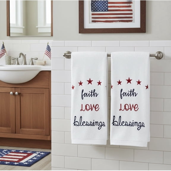 Serafina Home Patriotic White Hand Towels: Luxury Soft Absorbent Terry Cloth Embroidered American Sentiments: Faith Love Blessings, 16" by 28" Inch, 2 Piece