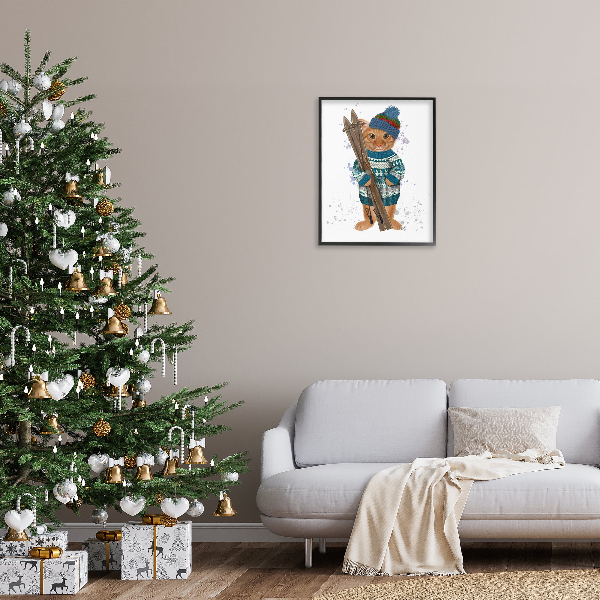Stupell Industries Cat with Winter Skis Animals & Insects Painting Black Framed Art Prints Wall Art, 24 x 30