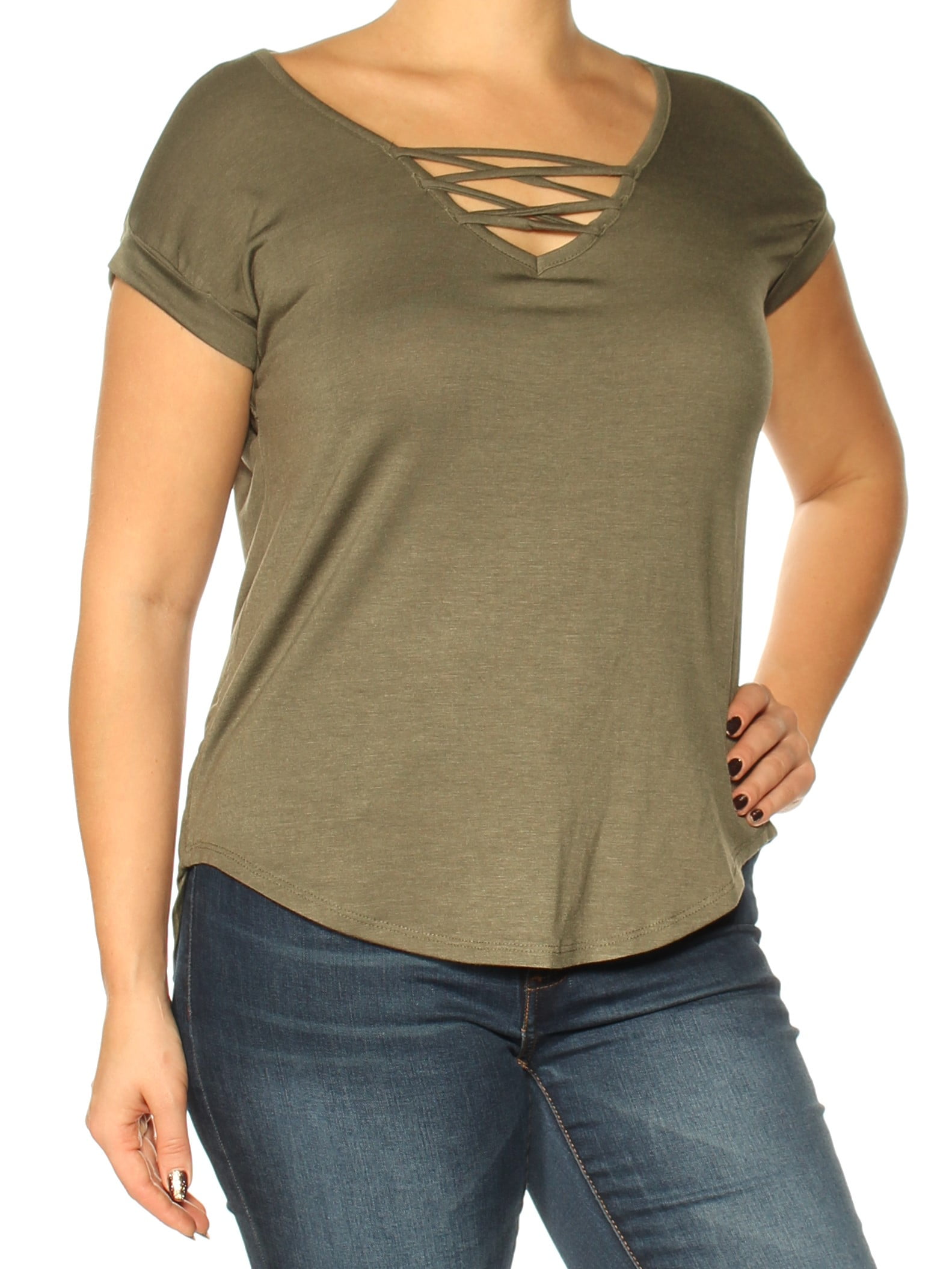 CRAVE FAME $24 Womens New 1150 Green V Neck Short Sleeve Top L Juniors ...