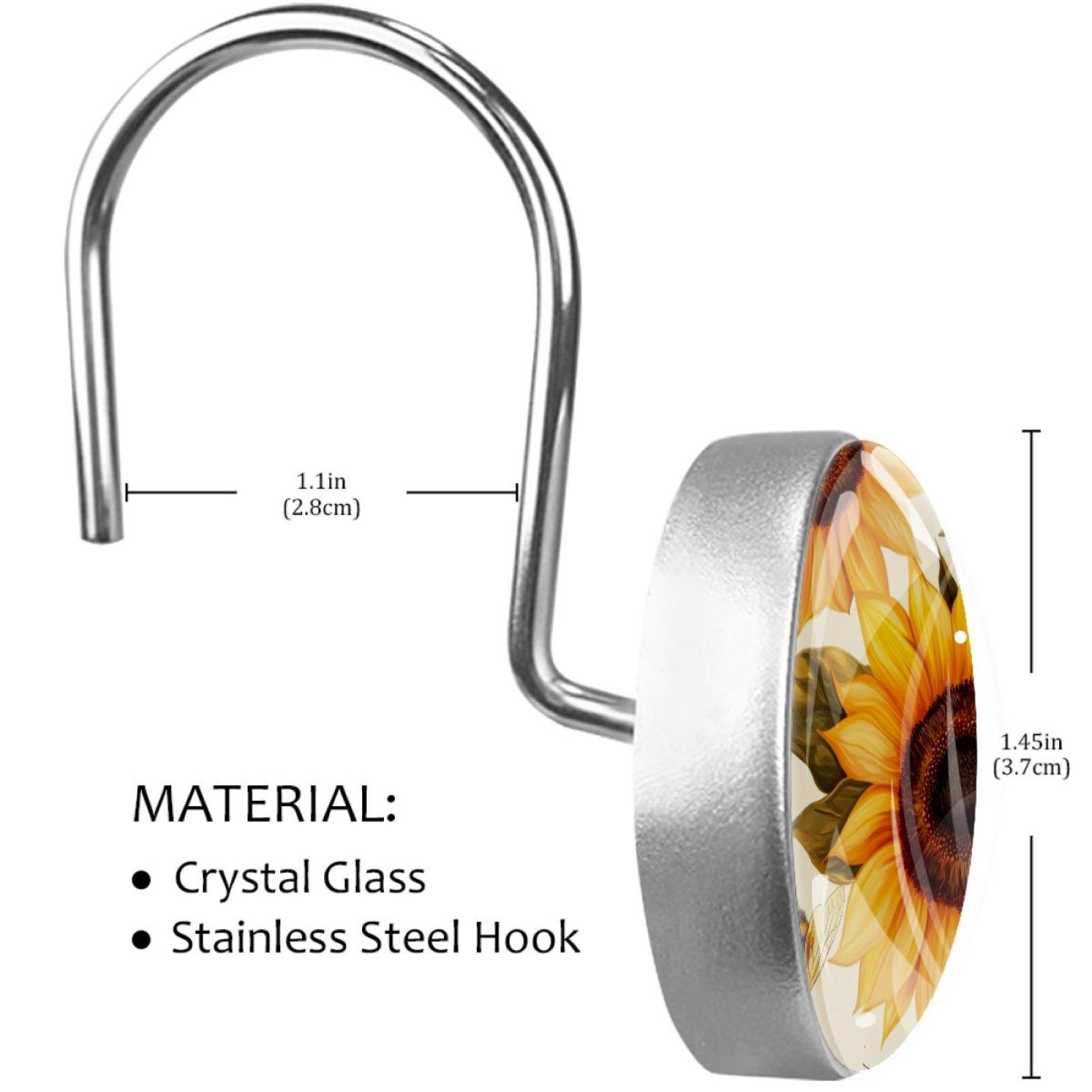 Honey Bees Sunflowers Shower Curtain Hooks Round Crystal Glass, Set of 12 Shower Curtain Rings - Shower Hooks for Curtain Shower Rings