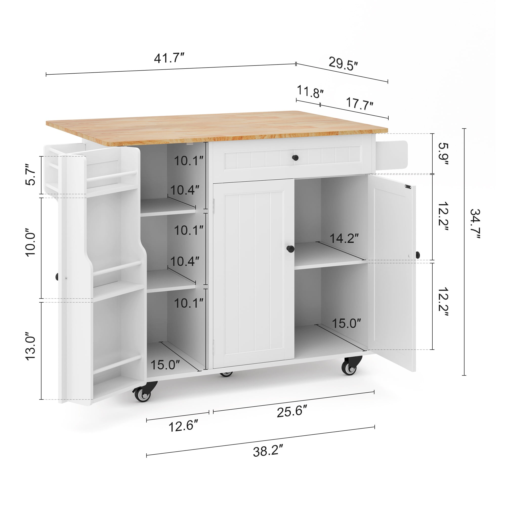 Kitchen Island with Wheels, 41.7" Rolling Kitchen Cabinet with Foldable Drop Leaf , Drawers & Shelving Door, Bar Cart for Dining Room, White