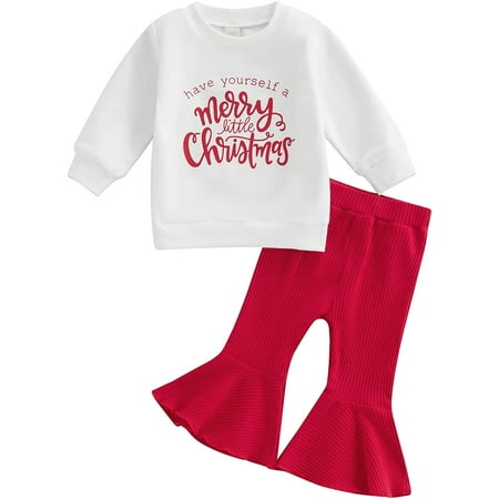 

PIKADINGNIS Toddler Baby Girl My 1st Christmas Outfit Santa Baby Long Sleeve Sweatshirt Flared Rib Pants Fall Winter Clothes Set