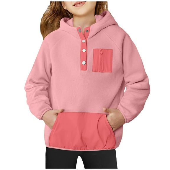 AherBiu Girls Winter Clothes Fleece Sweatshirt Patchwork Quarter Button Hooded Neck Warm Pullover Tops with Pocket