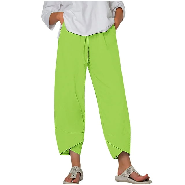 Timegard Plus Size Pants for Women Elastic Waist Solid Color Comfy Fall Casual Crop Pants with Pockets