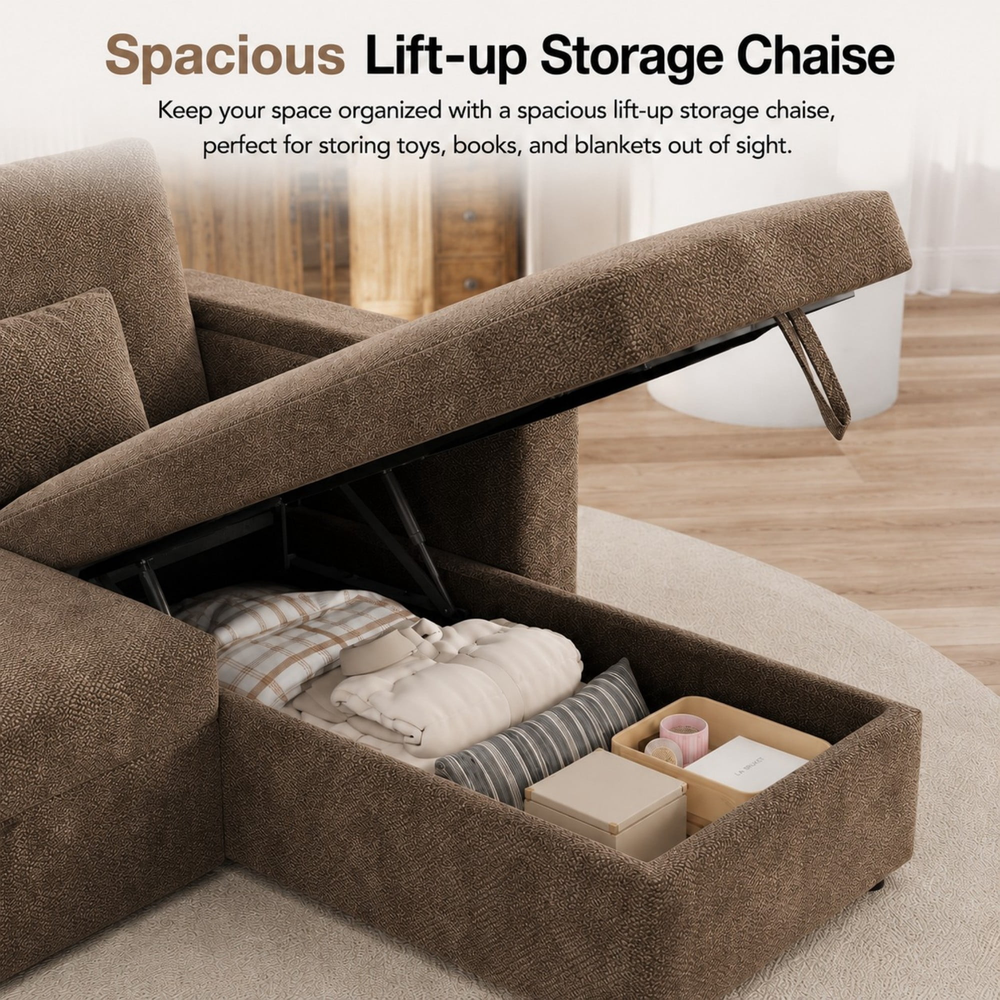DEALTOPS 108" Chenille L-Shaped Pull Out Sleeper Sofa Bed with Recliner, Storage Chaise & USB Ports, Brown