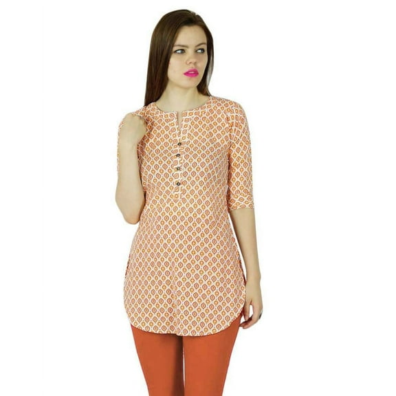 Bimba Women Short Cotton Tunic Orange custom Kurta kurti short Sleeve Summer