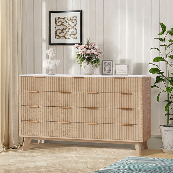 Ataujin Fluted 9 Drawers Dresser, 54" Wide Modern Chest of Drawers with Metal Handle, TV Stand Dresser with Curved Profile, Wood Drawer Organizer for Living Room, Hallway