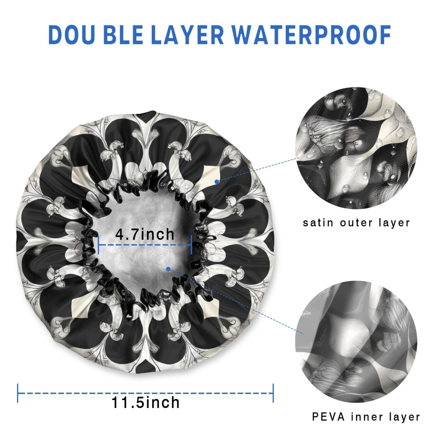 Shower Caps,Black White Tie Dye Mandala Pattern Waterproof Shower Cap for Women 4 Pieces,Double Reusable Hair Cover for Shower PEVA Elastic Stretch Hem