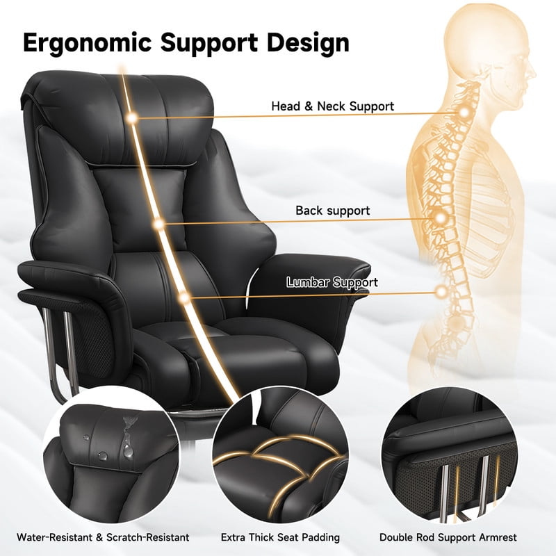 XUEGW Heavy-Duty 550 lbs Big and Tall Office Chair, Wide Seat Leather Ergonomic Executive Desk Chair with Leg Rest, Adjustable Height Computer Gaming Chair, Black