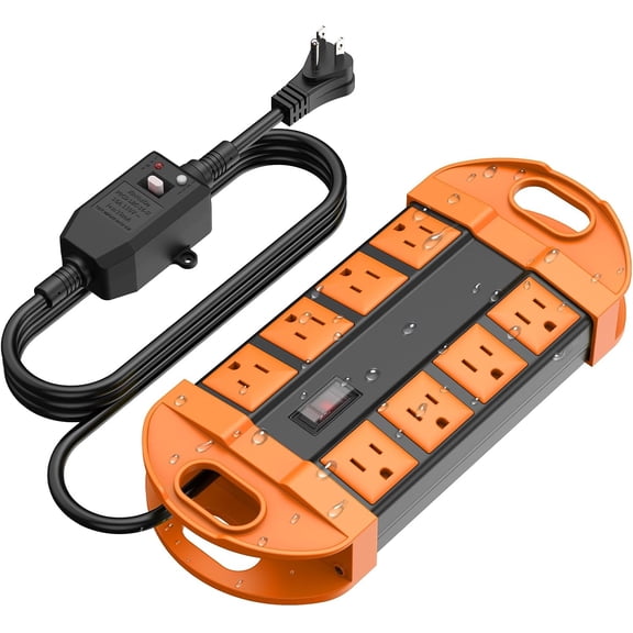GFCI Outdoor Power Strip Weatherproof with 8 AC, Extension Cord with Multiple Outlets, Wall Mount Surge Protector Flat Plug, Christmas Exterior Garden, Yard, 6FT, Orange.