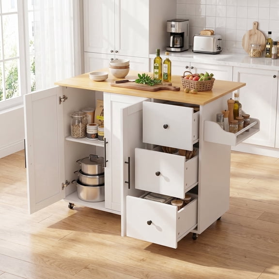 Exnote 40" Rolling Kitchen Island Cart with Storage and Drop Leaf, Mobile Utility Cart on Wheels, Expandable White Cart with Drawers, Spice Rack & Towel Holder