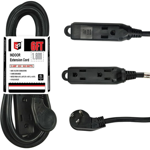 Low Profile 6 Ft Flat Plug Extension Cord - 16 AWG 3 Prong Grounded Cable with 3 Outlets, Perfect for Indoor Use, Black, UL Listed