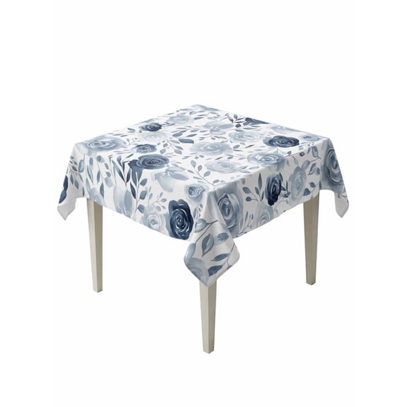 Blue Flowers Table Cloth, Watercolor Rustic Retro Floral Leaf Vines Waterproof Tablecloth for Square Tables, Reusable Washable Fabric Table Cover for Restaurant Kitchen Dining Tables 54"x54"