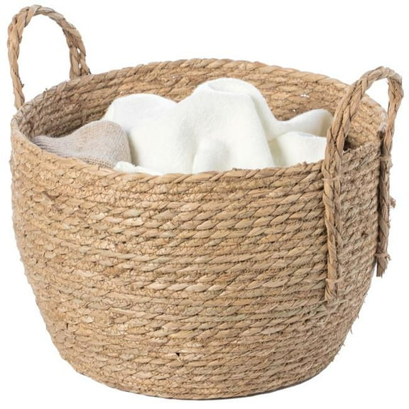 Decorative Round Wicker Woven Rope Storage Blanket Basket with Braided Handles - Medium